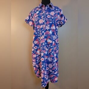 JOE FRESH Floral Midi Dress, Collar, Four Button Front, Cap Sleeves, Size Medium
